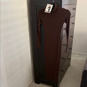 Long Sleeve Turtleneck Bodycon Dress - Dark Brown
